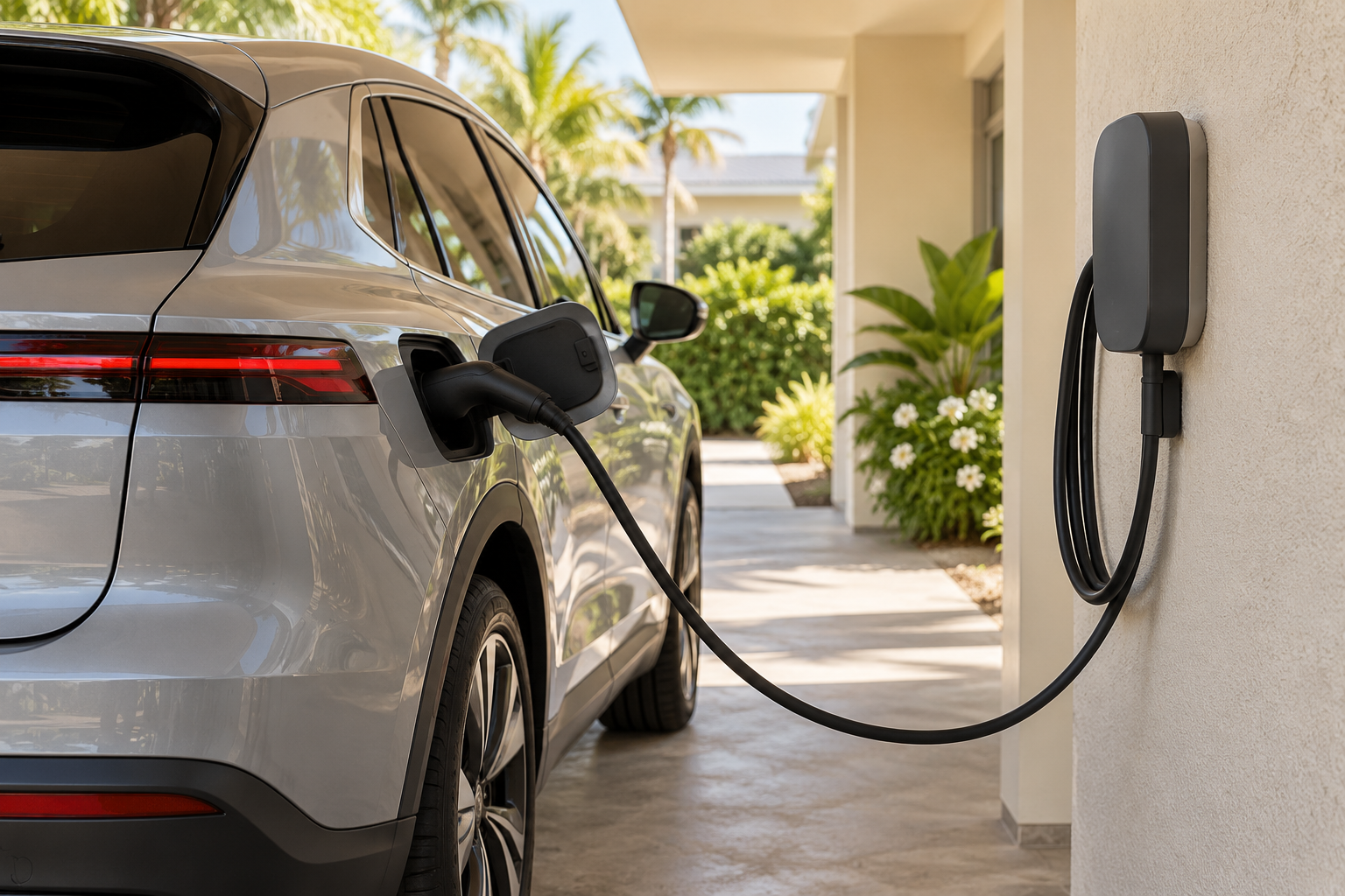 A wall-mounted home charger connected to a silver electric vehicle