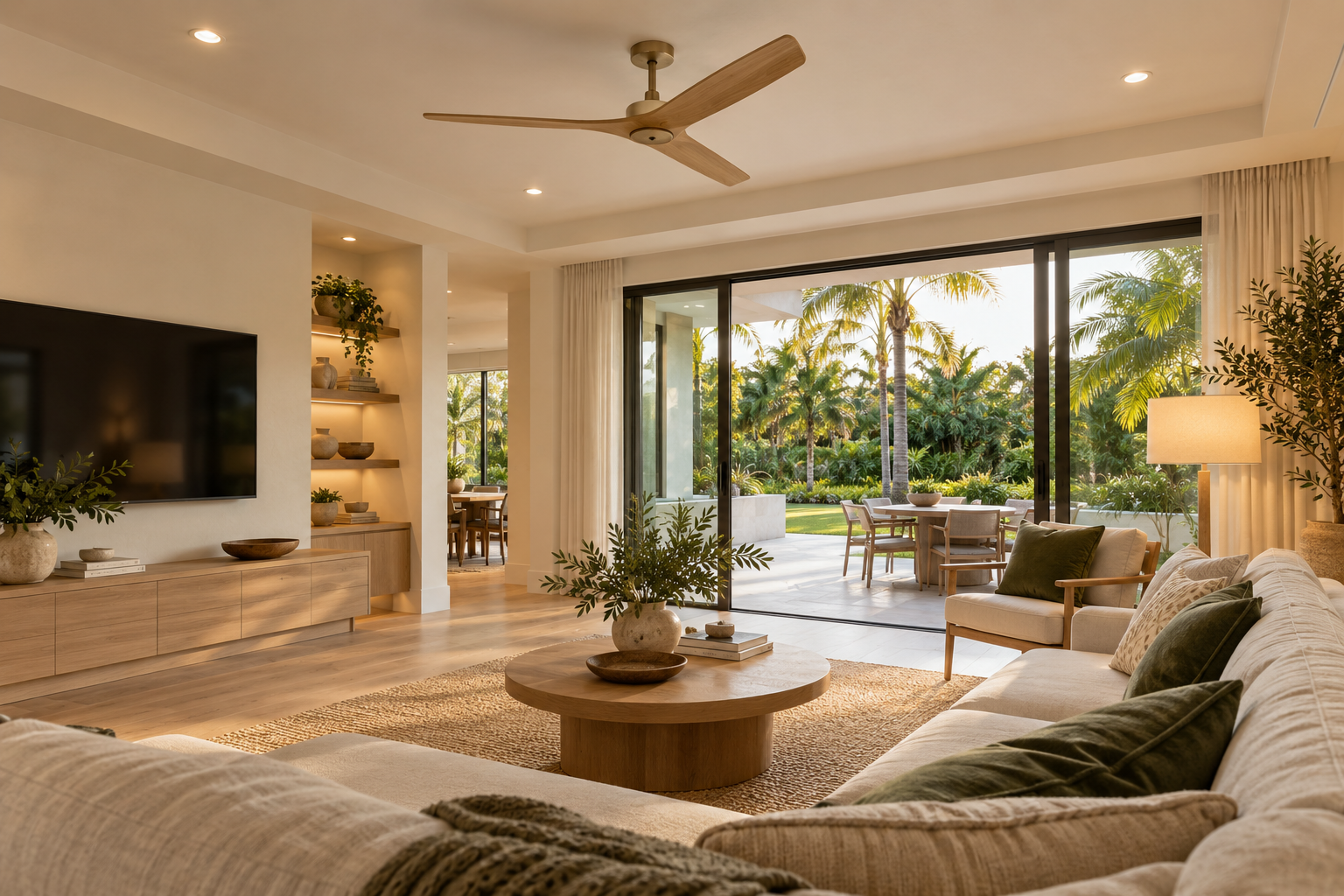 A Florida living room with a ceiling fan, recessed lights, and warm reading light